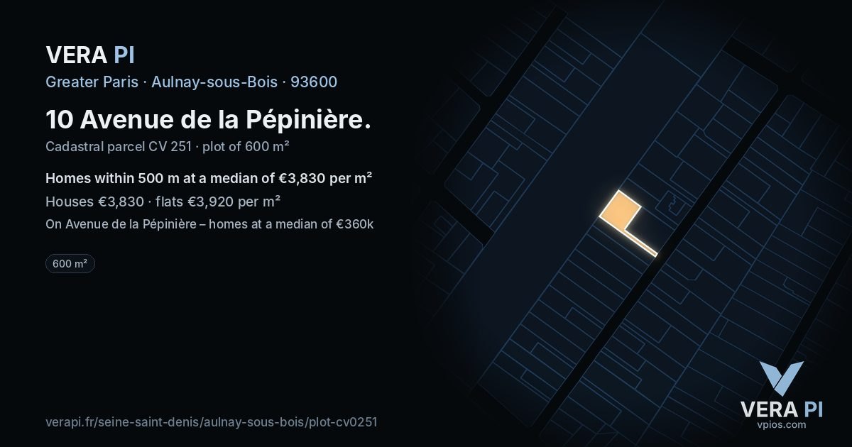 10 Avenue de la Pépinière, Aulnay-sous-Bois at night – the plot lit, the parcels around coloured by the prices near them