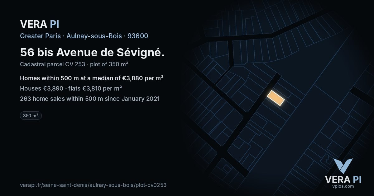 56 bis Avenue de Sévigné, Aulnay-sous-Bois at night – the plot lit, the parcels around coloured by the prices near them
