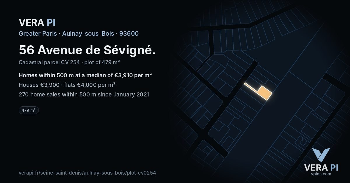 56 Avenue de Sévigné, Aulnay-sous-Bois at night – the plot lit, the parcels around coloured by the prices near them