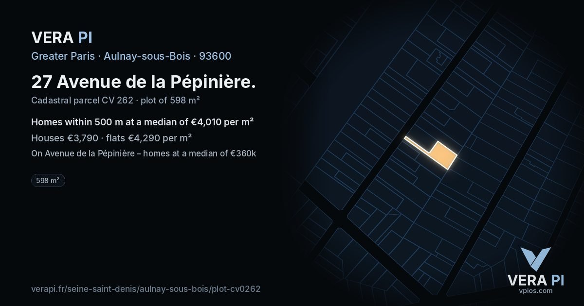 27 Avenue de la Pépinière, Aulnay-sous-Bois at night – the plot lit, the parcels around coloured by the prices near them