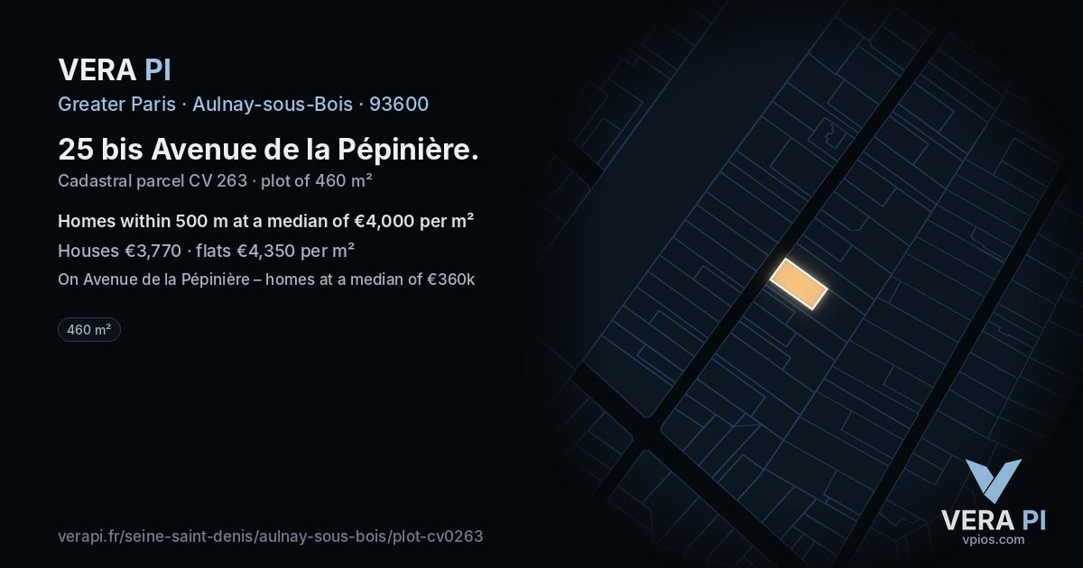 25 bis Avenue de la Pépinière, Aulnay-sous-Bois at night – the plot lit, the parcels around coloured by the prices near them