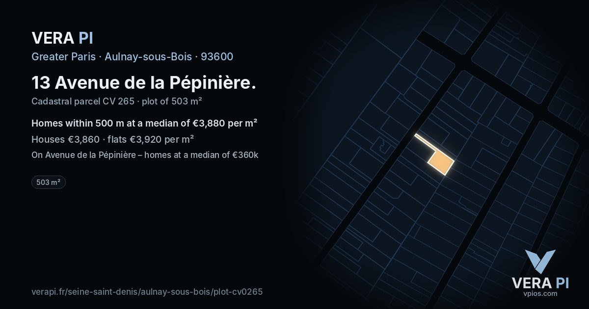13 Avenue de la Pépinière, Aulnay-sous-Bois at night – the plot lit, the parcels around coloured by the prices near them