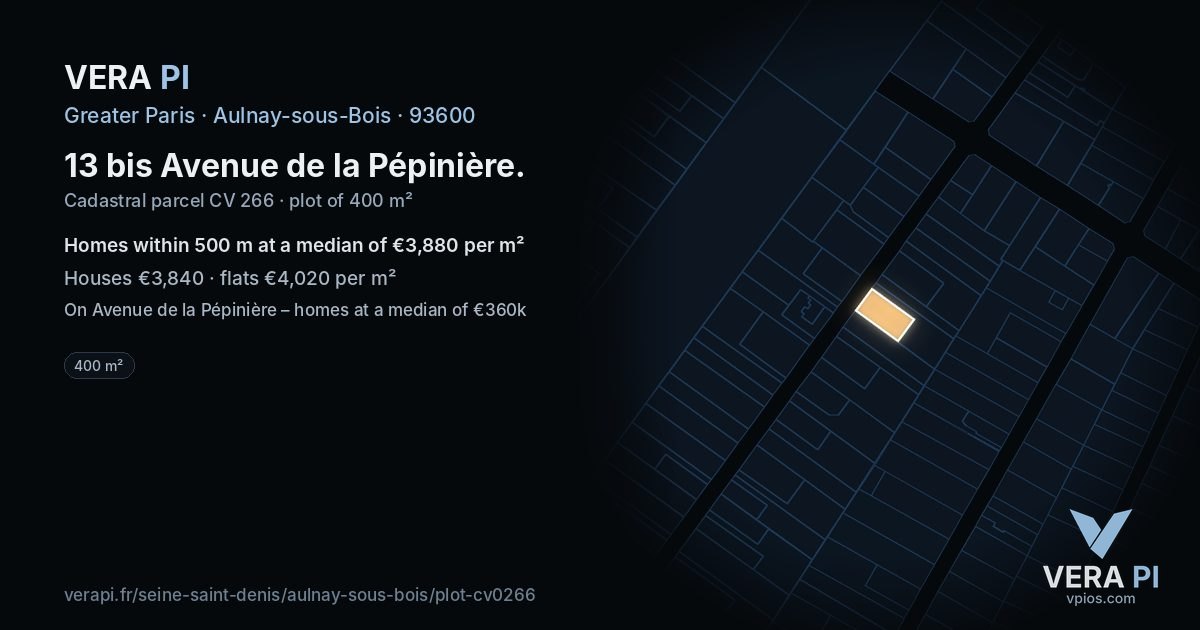 13 bis Avenue de la Pépinière, Aulnay-sous-Bois at night – the plot lit, the parcels around coloured by the prices near them