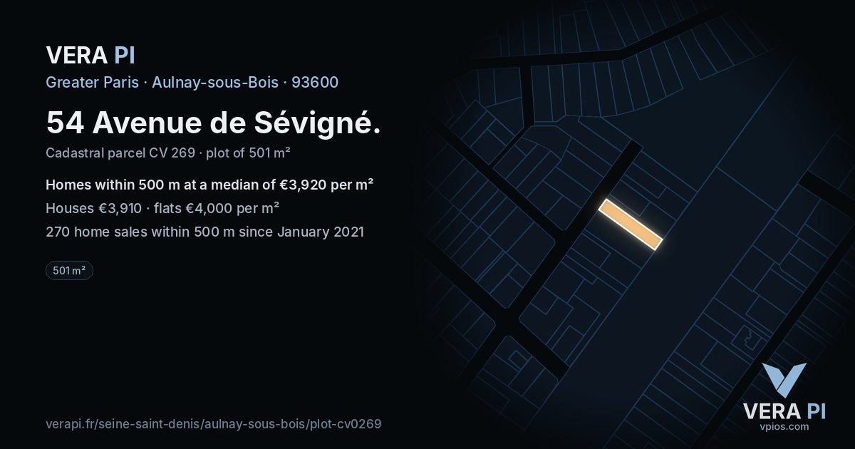 54 Avenue de Sévigné, Aulnay-sous-Bois at night – the plot lit, the parcels around coloured by the prices near them