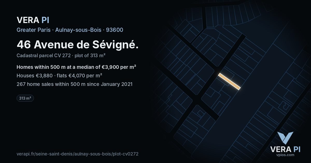 46 Avenue de Sévigné, Aulnay-sous-Bois at night – the plot lit, the parcels around coloured by the prices near them