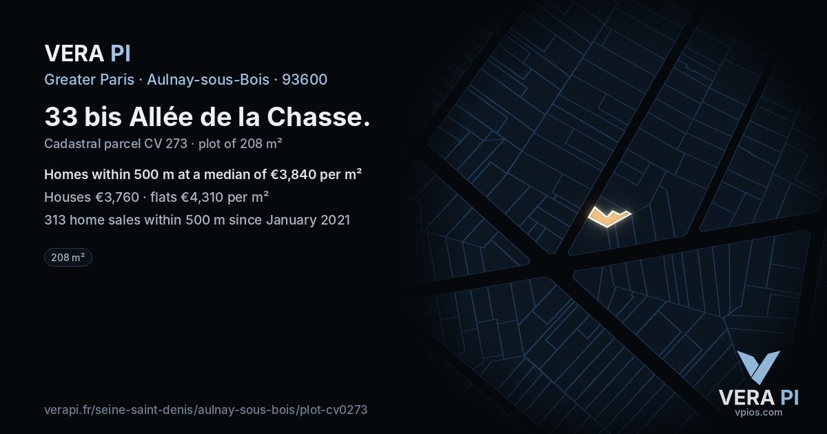 33 bis Allée de la Chasse, Aulnay-sous-Bois at night – the plot lit, the parcels around coloured by the prices near them