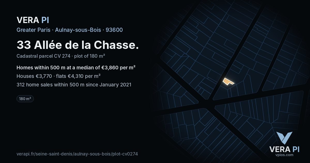 33 Allée de la Chasse, Aulnay-sous-Bois at night – the plot lit, the parcels around coloured by the prices near them