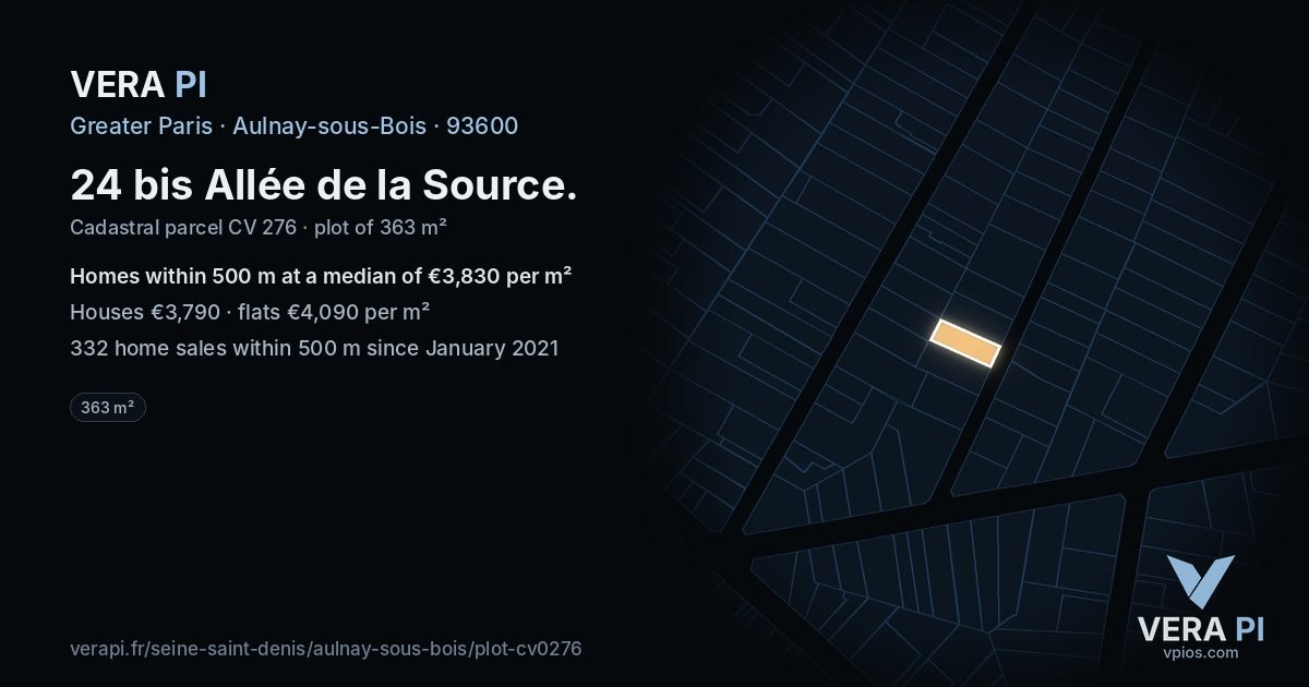 24 bis Allée de la Source, Aulnay-sous-Bois at night – the plot lit, the parcels around coloured by the prices near them