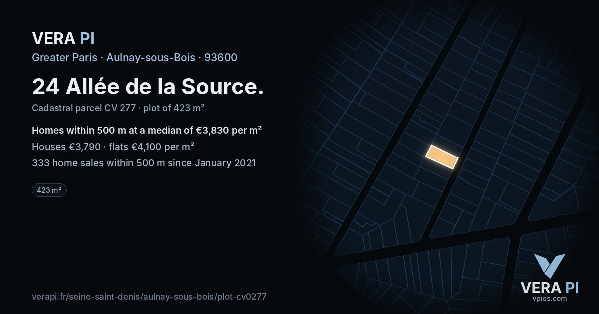 24 Allée de la Source, Aulnay-sous-Bois at night – the plot lit, the parcels around coloured by the prices near them