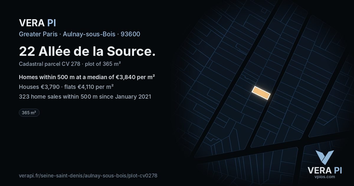 22 Allée de la Source, Aulnay-sous-Bois at night – the plot lit, the parcels around coloured by the prices near them
