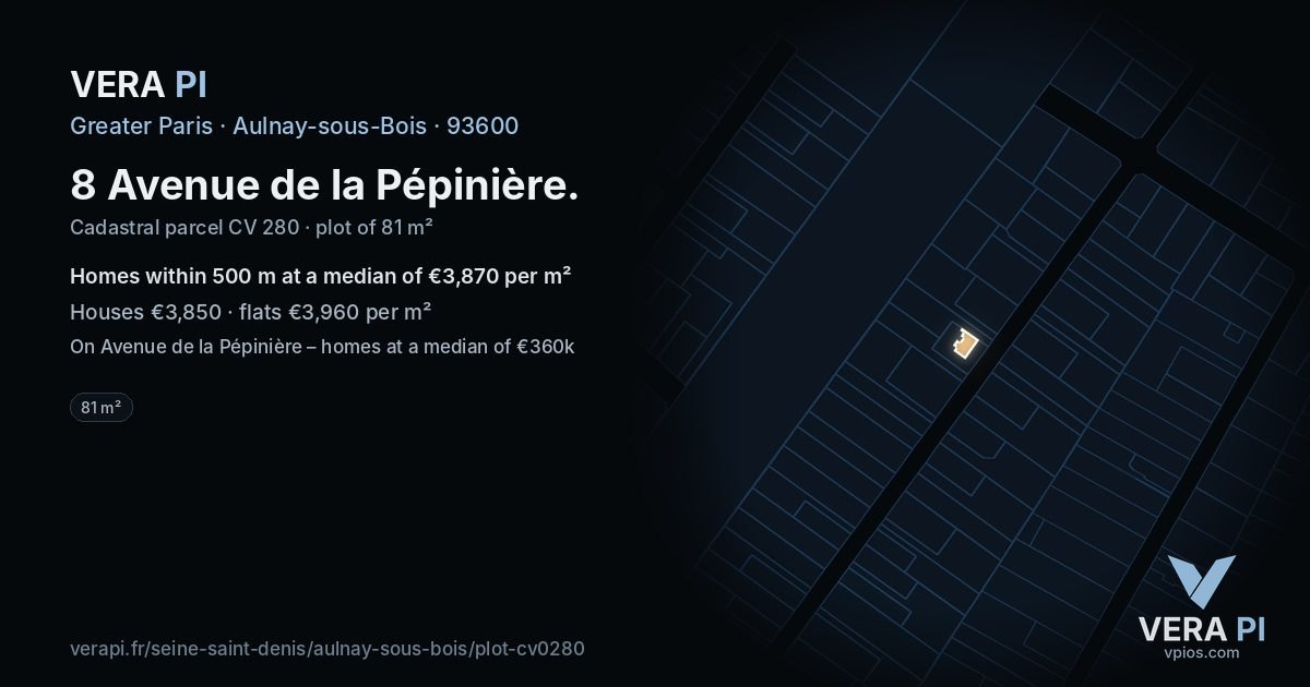 8 Avenue de la Pépinière, Aulnay-sous-Bois at night – the plot lit, the parcels around coloured by the prices near them