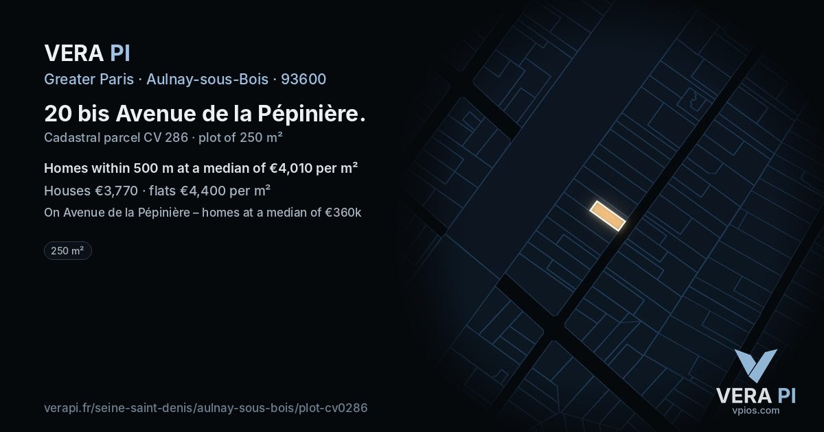 20 bis Avenue de la Pépinière, Aulnay-sous-Bois at night – the plot lit, the parcels around coloured by the prices near them