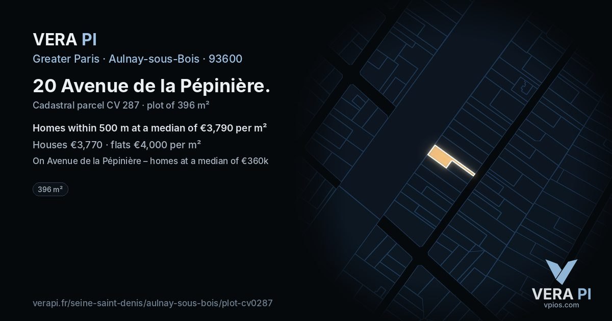 20 Avenue de la Pépinière, Aulnay-sous-Bois at night – the plot lit, the parcels around coloured by the prices near them