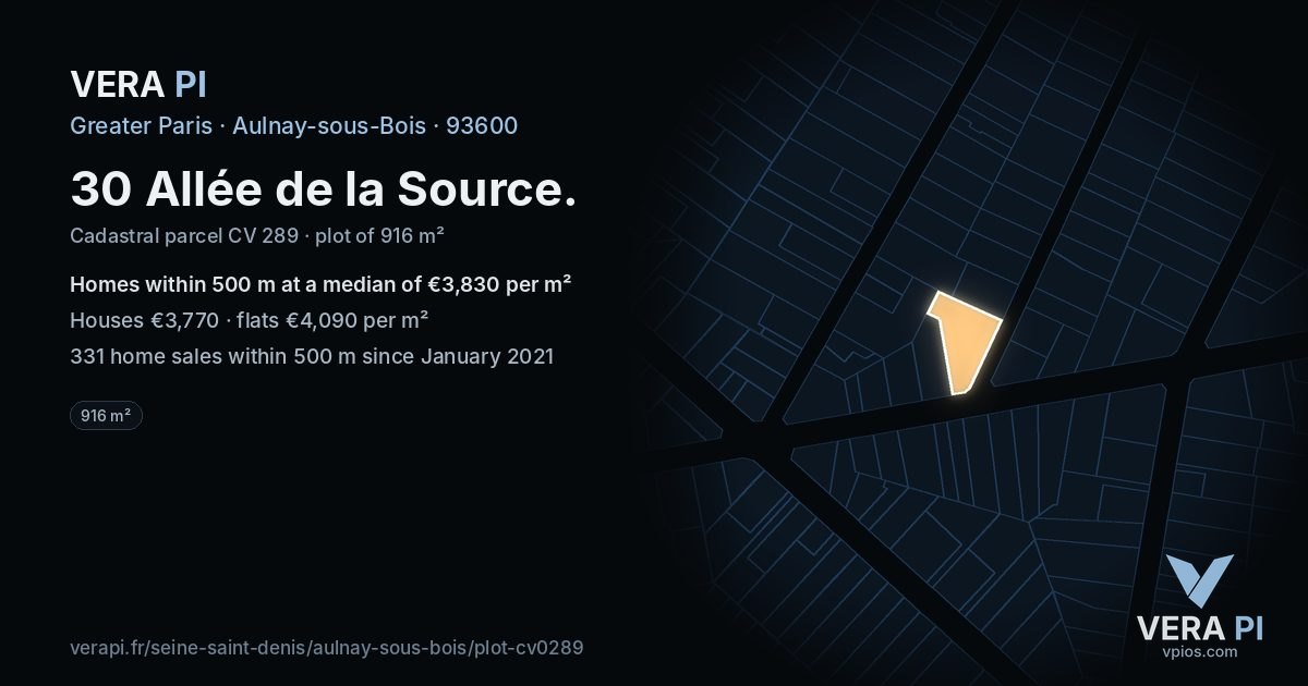 30 Allée de la Source, Aulnay-sous-Bois at night – the plot lit, the parcels around coloured by the prices near them