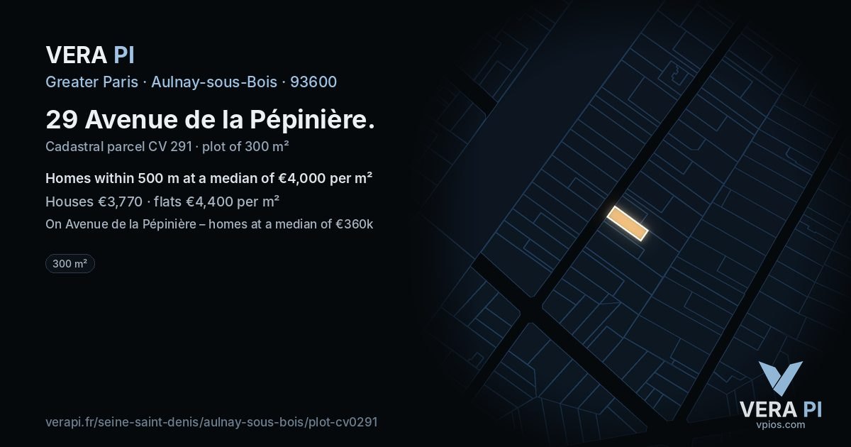 29 Avenue de la Pépinière, Aulnay-sous-Bois at night – the plot lit, the parcels around coloured by the prices near them