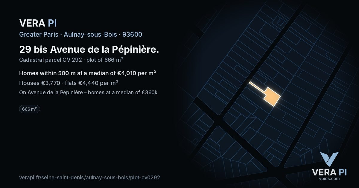 29 bis Avenue de la Pépinière, Aulnay-sous-Bois at night – the plot lit, the parcels around coloured by the prices near them
