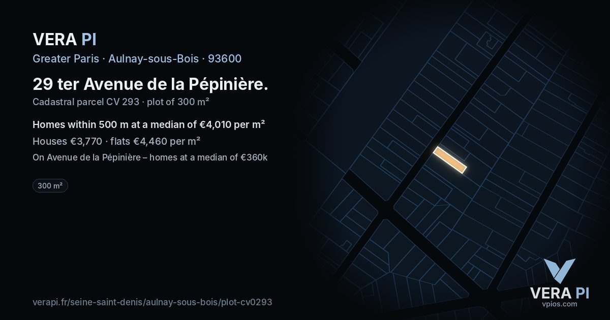 29 ter Avenue de la Pépinière, Aulnay-sous-Bois at night – the plot lit, the parcels around coloured by the prices near them