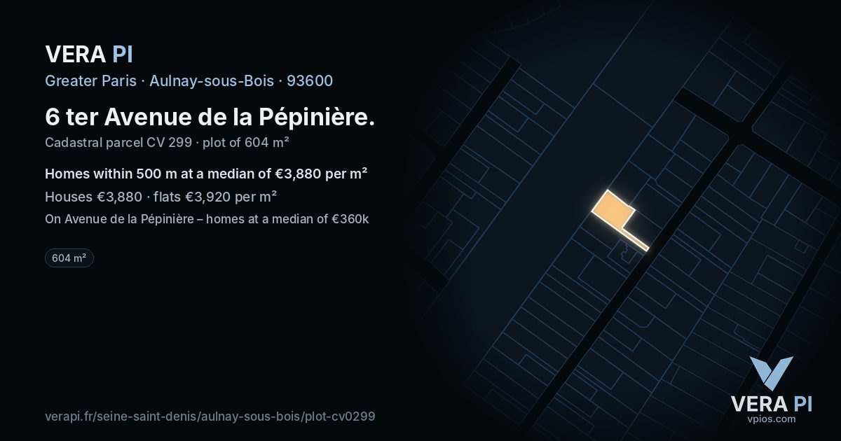 6 ter Avenue de la Pépinière, Aulnay-sous-Bois at night – the plot lit, the parcels around coloured by the prices near them
