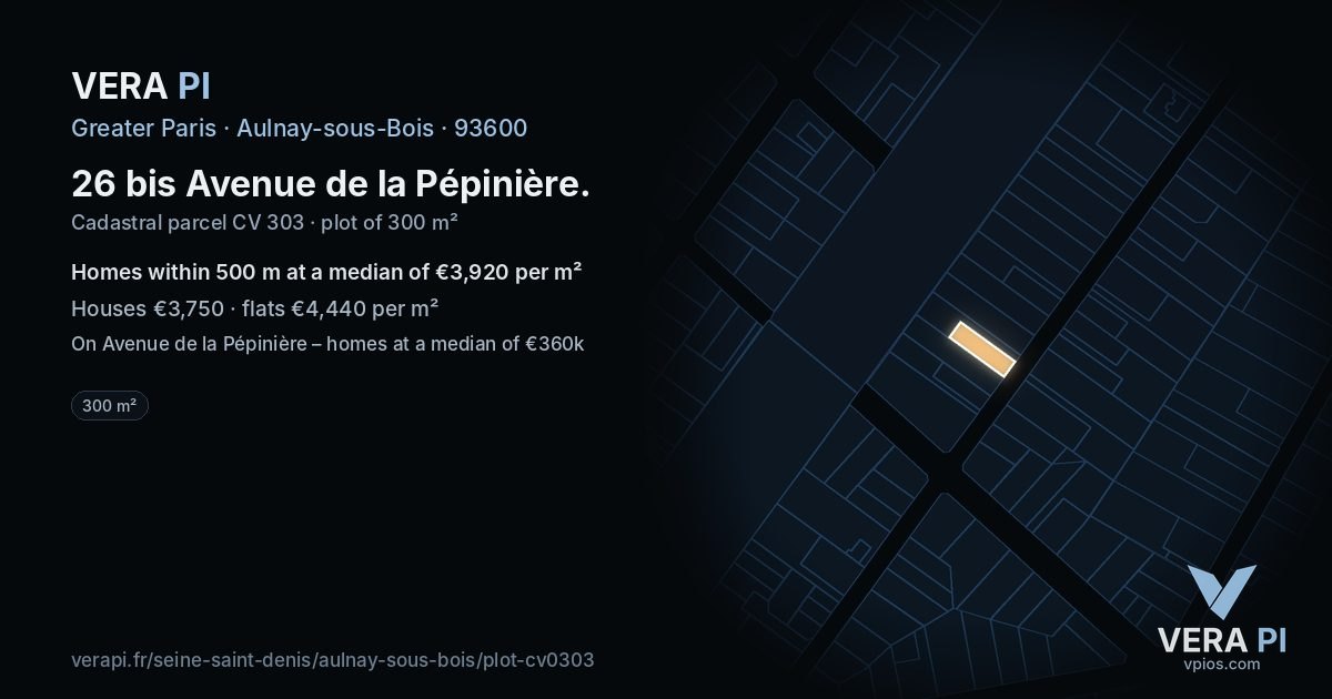 26 bis Avenue de la Pépinière, Aulnay-sous-Bois at night – the plot lit, the parcels around coloured by the prices near them