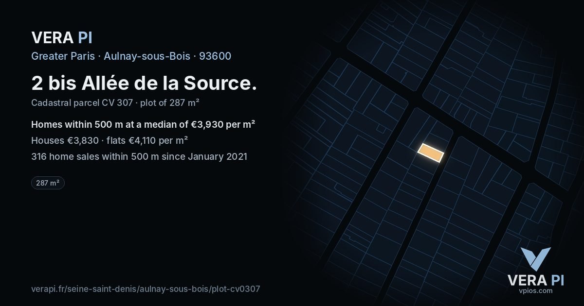 2 bis Allée de la Source, Aulnay-sous-Bois at night – the plot lit, the parcels around coloured by the prices near them