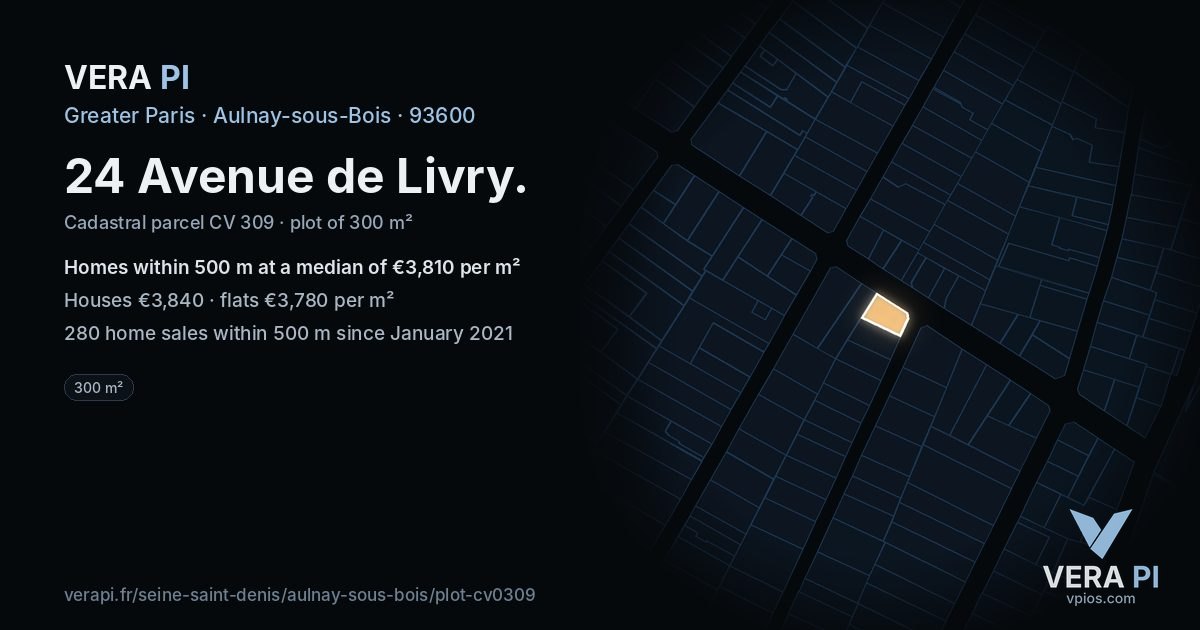 24 Avenue de Livry, Aulnay-sous-Bois at night – the plot lit, the parcels around coloured by the prices near them