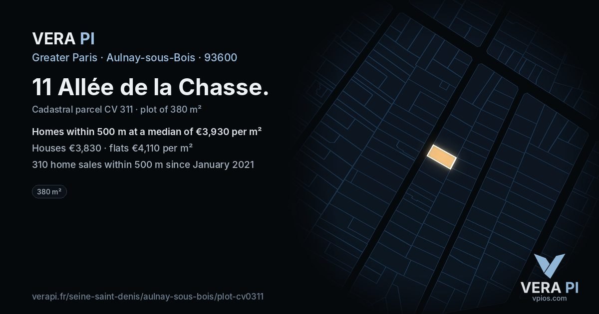 11 Allée de la Chasse, Aulnay-sous-Bois at night – the plot lit, the parcels around coloured by the prices near them