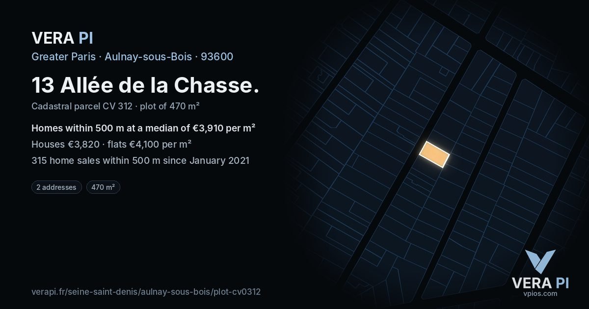 13 Allée de la Chasse, Aulnay-sous-Bois at night – the plot lit, the parcels around coloured by the prices near them