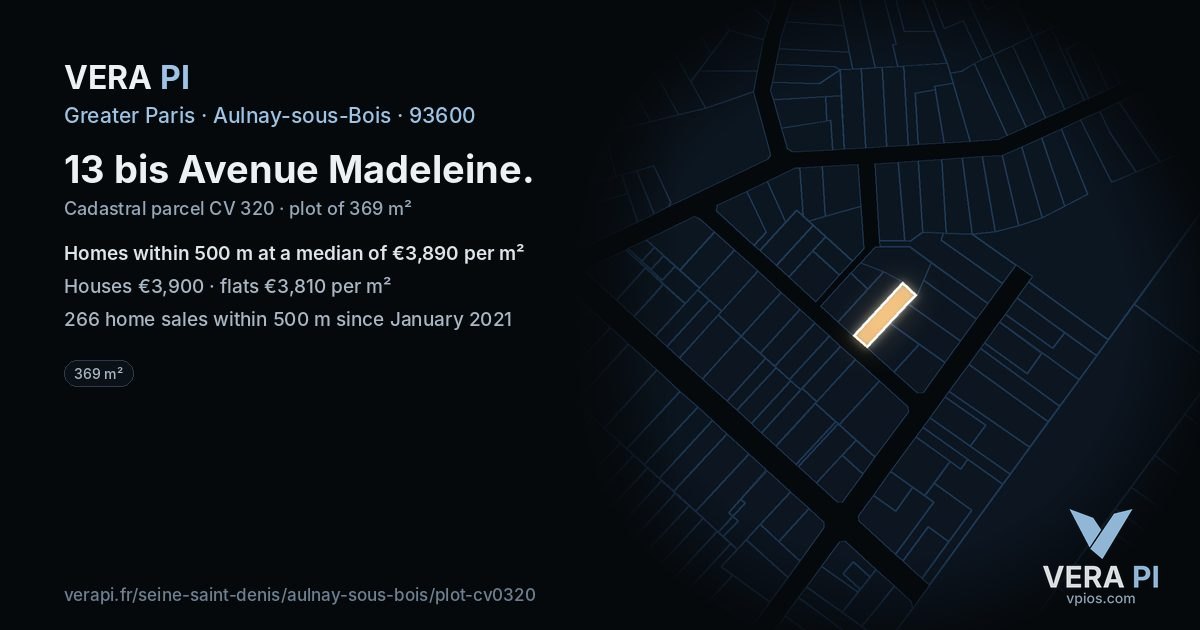 13 bis Avenue Madeleine, Aulnay-sous-Bois at night – the plot lit, the parcels around coloured by the prices near them