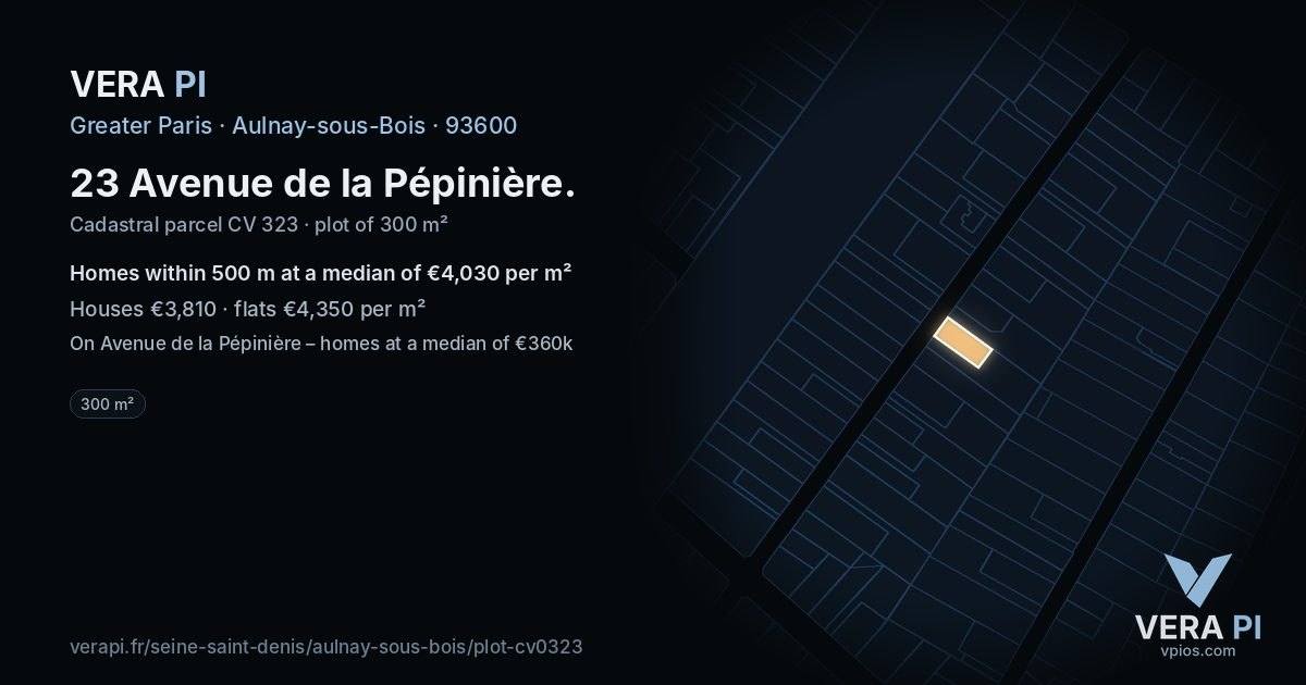 23 Avenue de la Pépinière, Aulnay-sous-Bois at night – the plot lit, the parcels around coloured by the prices near them