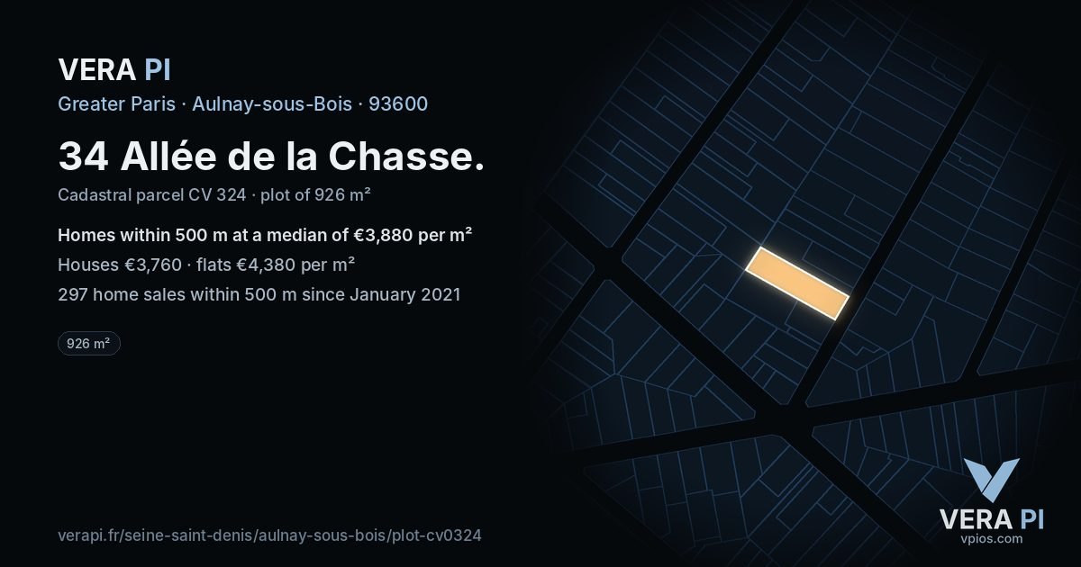 34 Allée de la Chasse, Aulnay-sous-Bois at night – the plot lit, the parcels around coloured by the prices near them