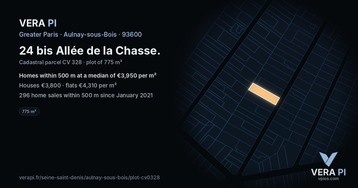 24 bis Allée de la Chasse, Aulnay-sous-Bois at night – the plot lit, the parcels around coloured by the prices near them