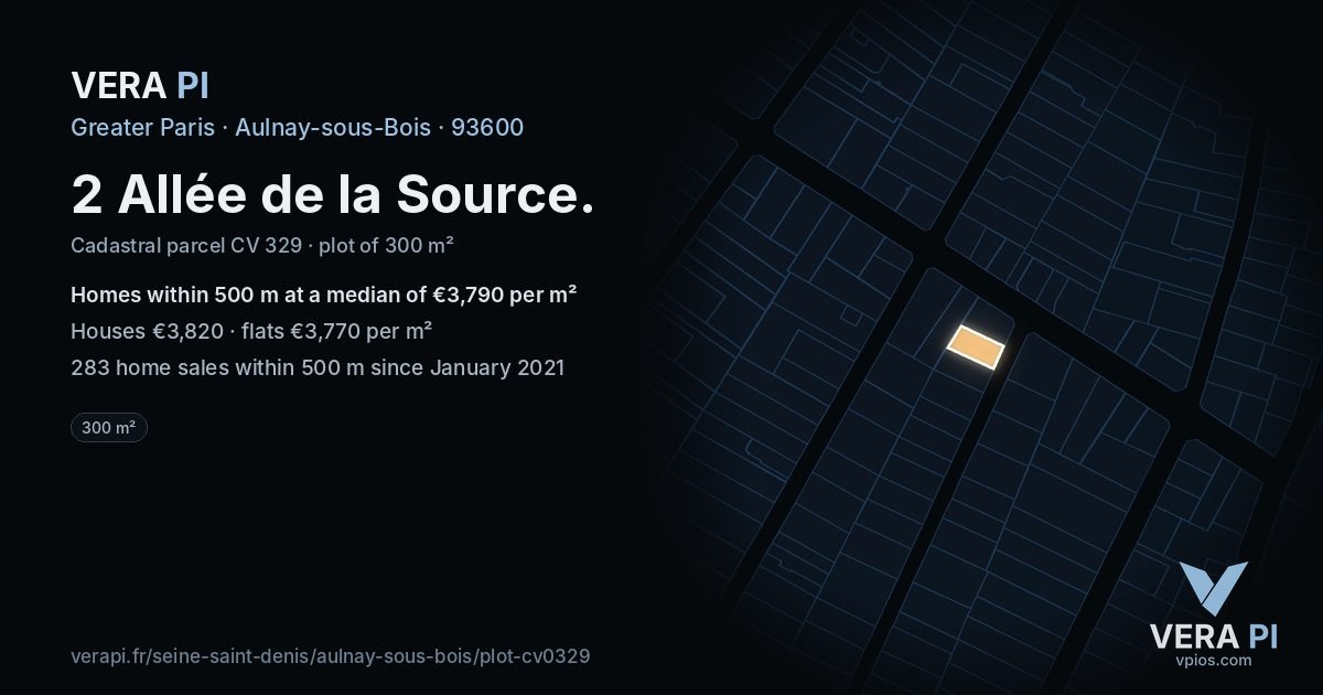 2 Allée de la Source, Aulnay-sous-Bois at night – the plot lit, the parcels around coloured by the prices near them