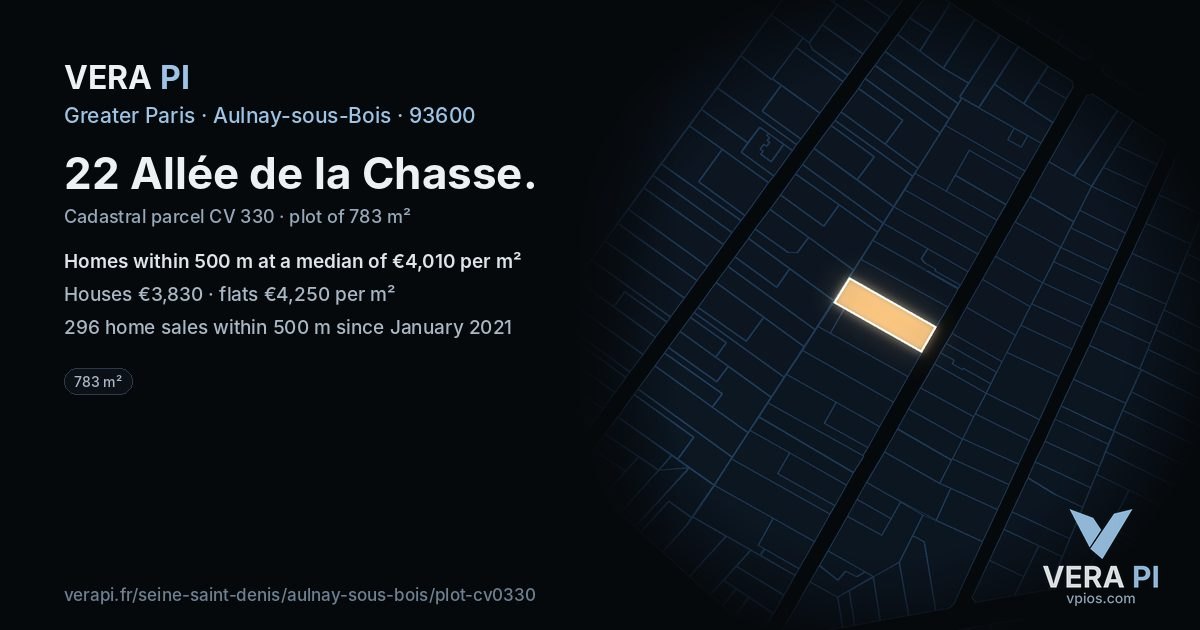 22 Allée de la Chasse, Aulnay-sous-Bois at night – the plot lit, the parcels around coloured by the prices near them