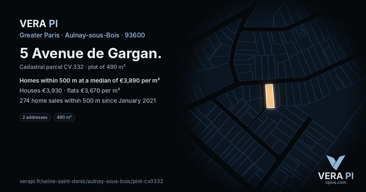 5 Avenue de Gargan, Aulnay-sous-Bois at night – the plot lit, the parcels around coloured by the prices near them