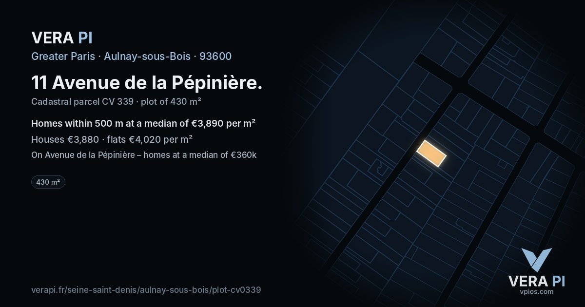 11 Avenue de la Pépinière, Aulnay-sous-Bois at night – the plot lit, the parcels around coloured by the prices near them