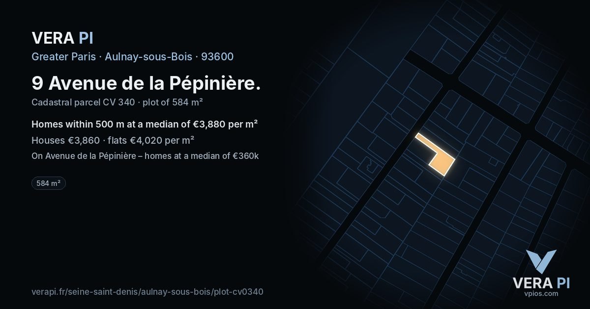 9 Avenue de la Pépinière, Aulnay-sous-Bois at night – the plot lit, the parcels around coloured by the prices near them