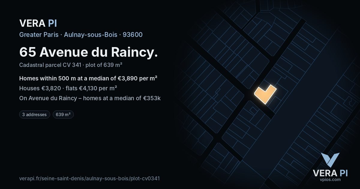 65 Avenue du Raincy, Aulnay-sous-Bois at night – the plot lit, the parcels around coloured by the prices near them