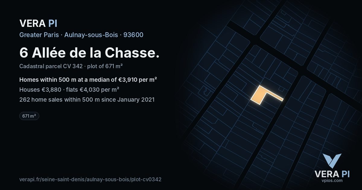 6 Allée de la Chasse, Aulnay-sous-Bois at night – the plot lit, the parcels around coloured by the prices near them