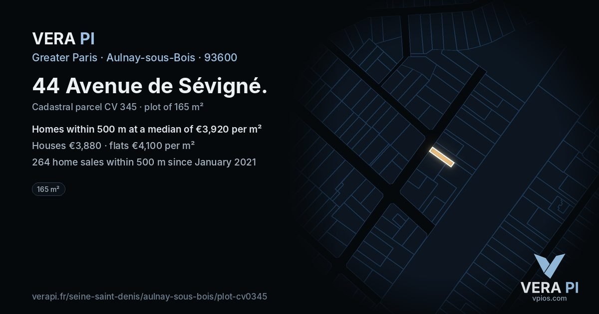 44 Avenue de Sévigné, Aulnay-sous-Bois at night – the plot lit, the parcels around coloured by the prices near them