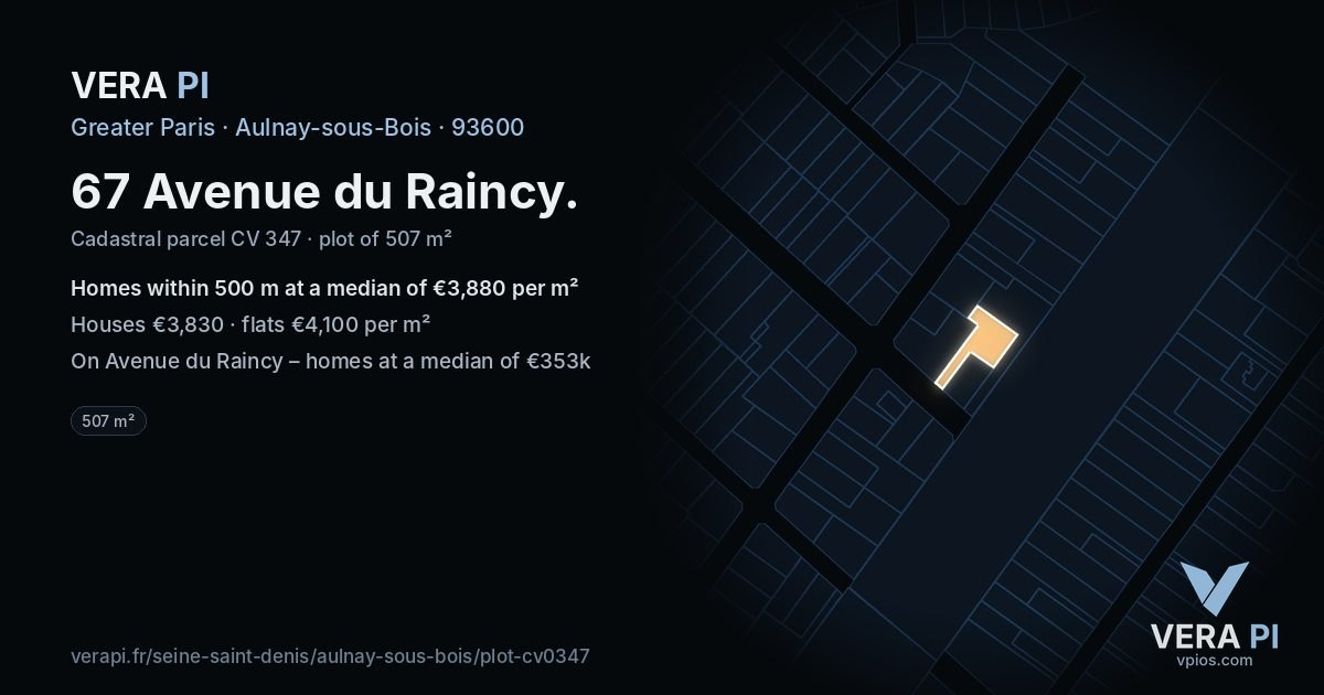 67 Avenue du Raincy, Aulnay-sous-Bois at night – the plot lit, the parcels around coloured by the prices near them