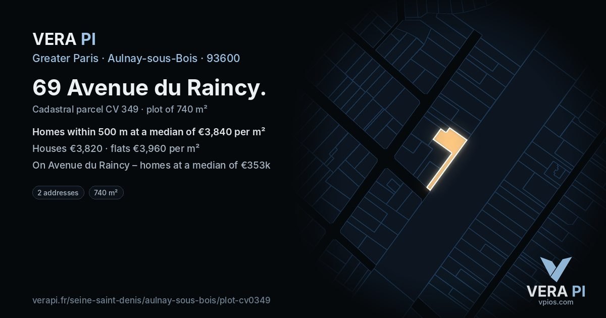 69 Avenue du Raincy, Aulnay-sous-Bois at night – the plot lit, the parcels around coloured by the prices near them