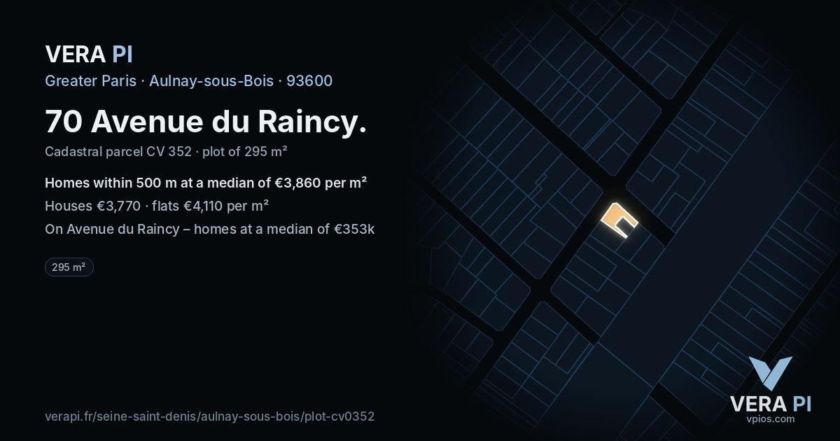 70 Avenue du Raincy, Aulnay-sous-Bois at night – the plot lit, the parcels around coloured by the prices near them