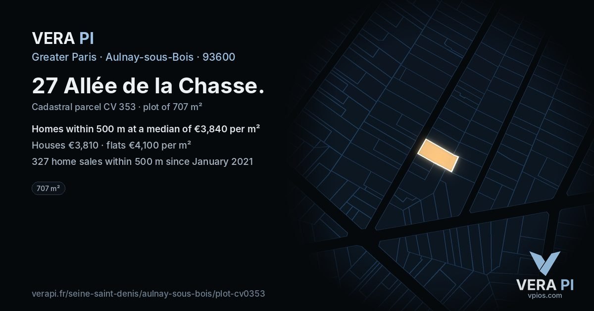 27 Allée de la Chasse, Aulnay-sous-Bois at night – the plot lit, the parcels around coloured by the prices near them