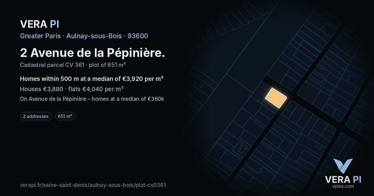 2 Avenue de la Pépinière, Aulnay-sous-Bois at night – the plot lit, the parcels around coloured by the prices near them