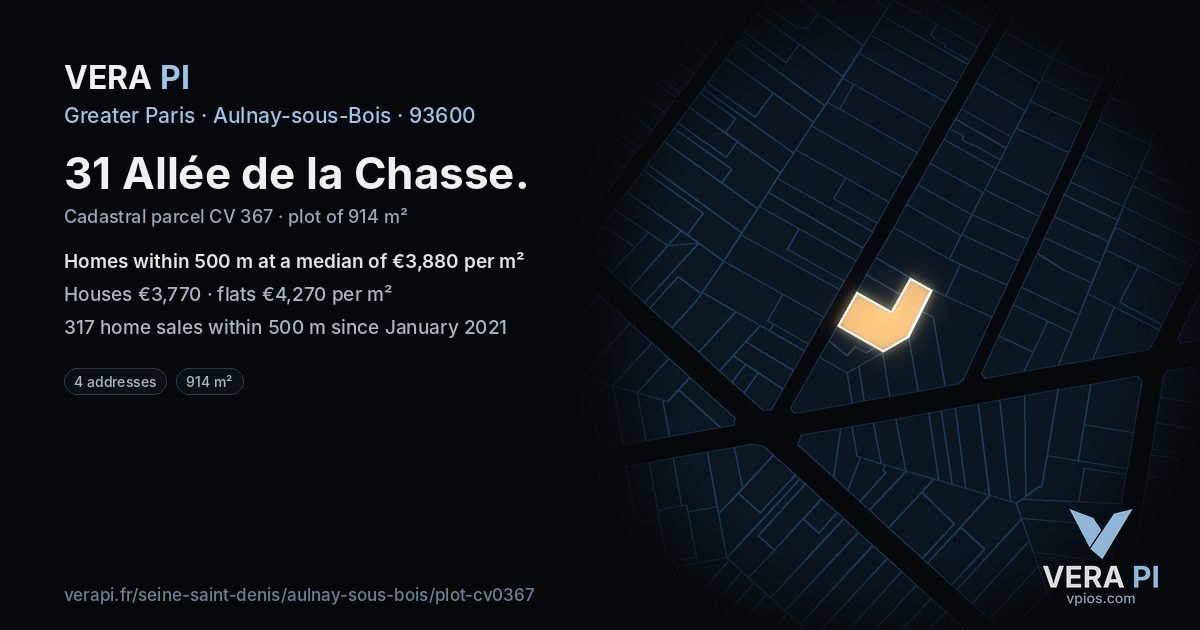 31 Allée de la Chasse, Aulnay-sous-Bois at night – the plot lit, the parcels around coloured by the prices near them