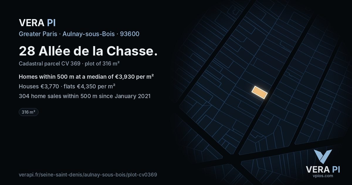 28 Allée de la Chasse, Aulnay-sous-Bois at night – the plot lit, the parcels around coloured by the prices near them