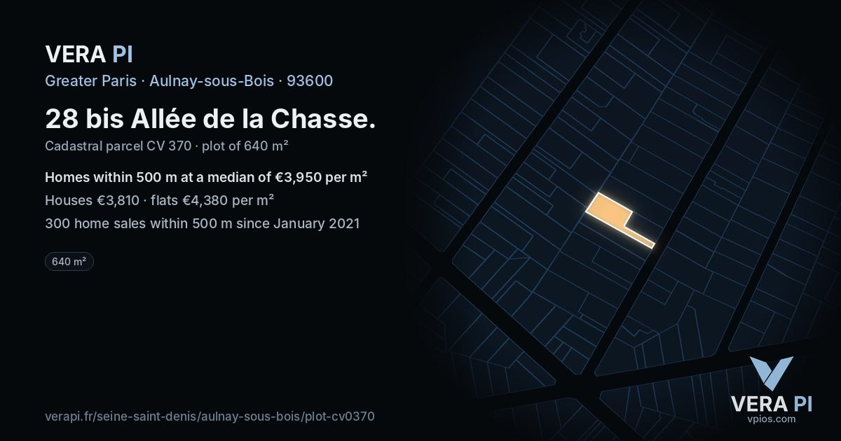 28 bis Allée de la Chasse, Aulnay-sous-Bois at night – the plot lit, the parcels around coloured by the prices near them