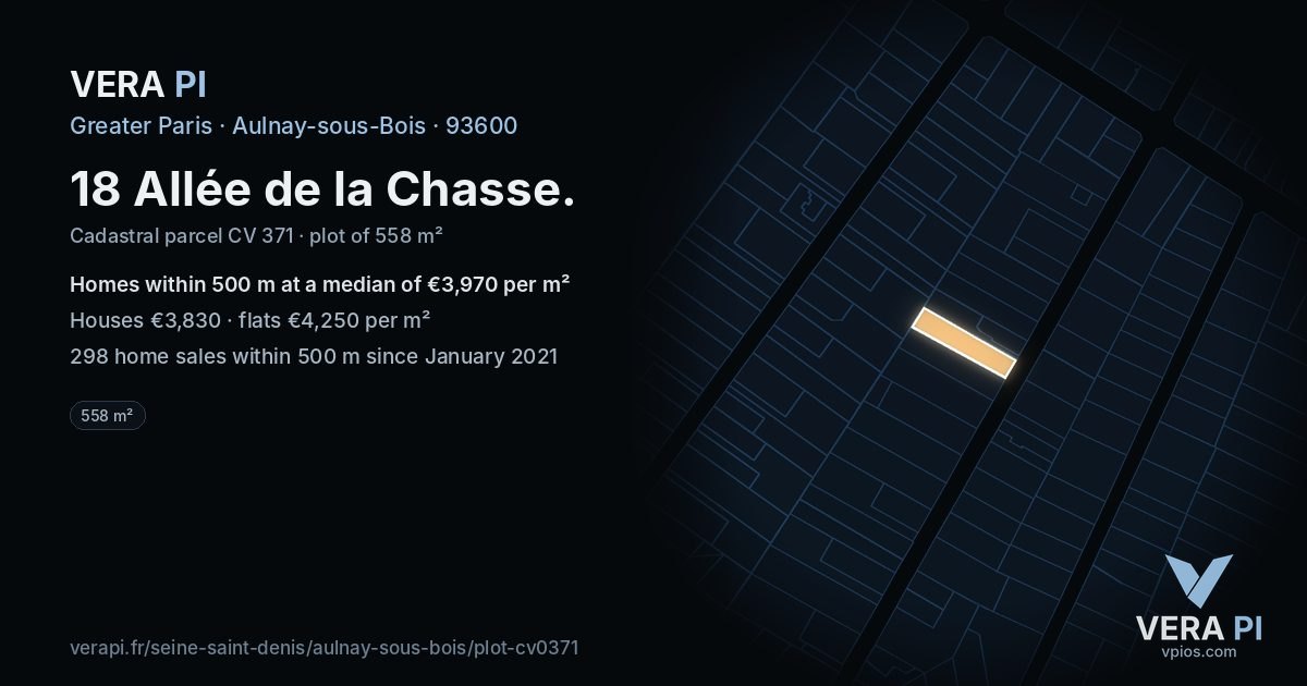 18 Allée de la Chasse, Aulnay-sous-Bois at night – the plot lit, the parcels around coloured by the prices near them