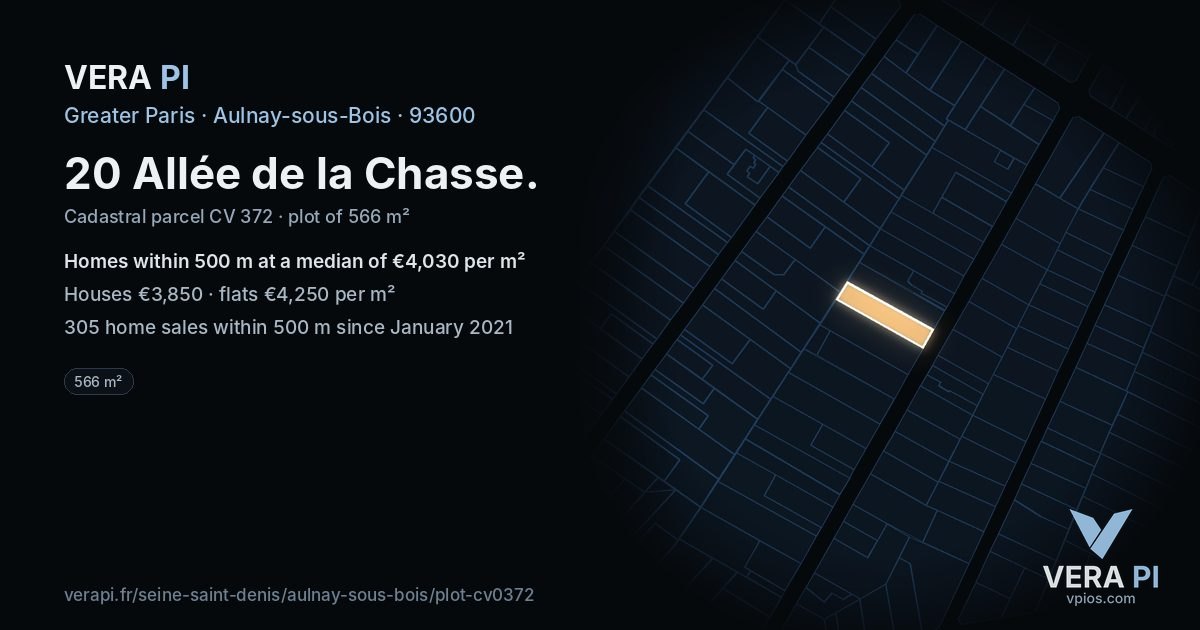 20 Allée de la Chasse, Aulnay-sous-Bois at night – the plot lit, the parcels around coloured by the prices near them