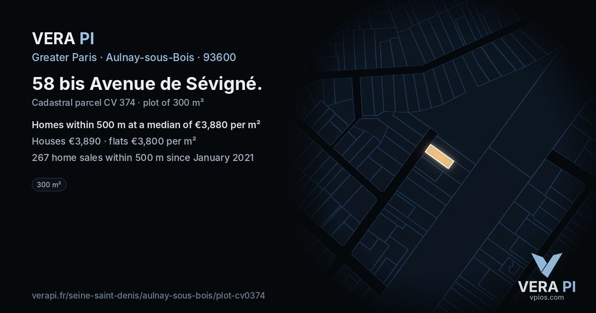 58 bis Avenue de Sévigné, Aulnay-sous-Bois at night – the plot lit, the parcels around coloured by the prices near them